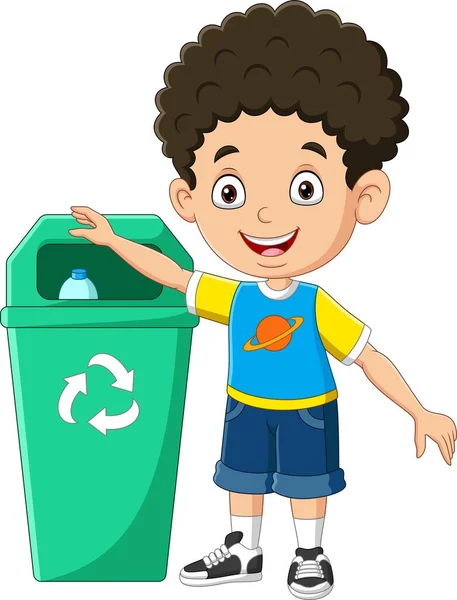 Vector Illustration Little Boy Throwing Trash Litter Bin — Stock Vector