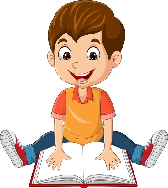 Mutlu küçük çocuğun oturduğu ve kitap okuduğu vektör çizimi.