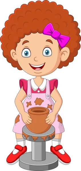 Vector Illustration Cute Little Girl Making Pottery Clay Pot — Stock Vector