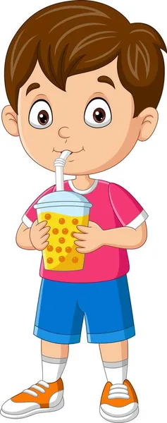 卡通小男孩喝泡泡奶茶的病媒图解 — 图库矢量图片