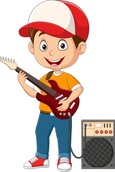 Vector Illustration Cartoon Little Boy Playing Electric Guitar — Stock Vector