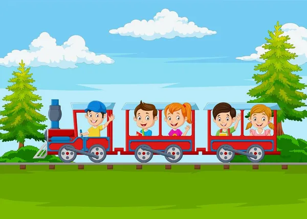 Vektor Ilustrasi Kartun Bahagia Anak Anak Naik Kereta - Stok Vektor