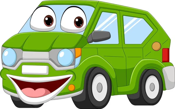 Ilustración Vectorial Dibujos Animados Feliz Coche Verde Sobre Fondo Blanco — Archivo Imágenes Vectoriales