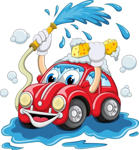 Vector Illustration Cartoon Car Washing Water Pipe Sponge — Stock Vector