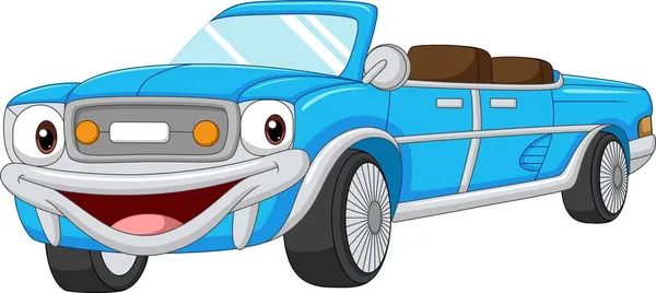 Desenhos Animados Sorrindo Carro Azul Mascote Conversível —  Vetores de Stock