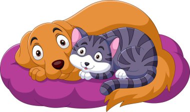 Çizgi filmlerdeki kedi ve köpeğin yastıkta rahatlamasının vektör çizimi