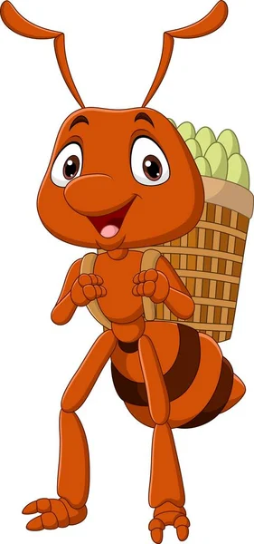Vector Illustration Cartoon Funny Ant Carrying Basket Foods — Stock Vector