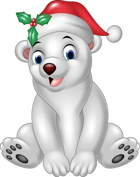 Vector Illustration Cute Polar Bear Santa Hat Sitting — Stock Vector