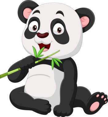 Çizgi filmdeki bambu yaprakları yiyen komik pandanın vektör çizimi