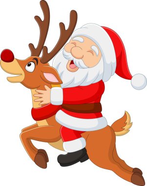 Karikatür 'ün Vektör İllüstrasyonu Mutlu Noel Baba bir geyiğe biniyor