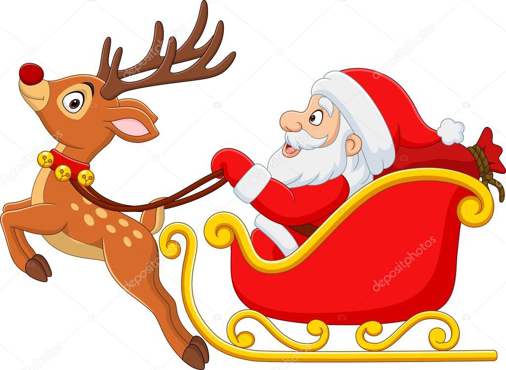 Vector Illustration of Christmas cartoon santa with reindeer sleigh 