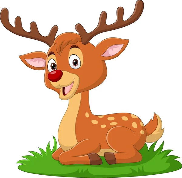 Vector Illustration Cartoon Cute Little Deer Sitting Grass — Stock Vector