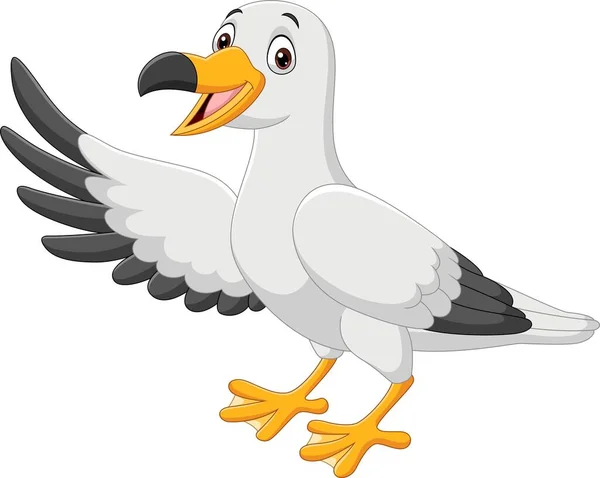 Vector Illustration Cartoon Funny Smiling Seagull Waving Hand — Vetor de Stock