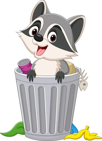 Vector Illustration Cute Raccoon Cartoon Trash Can —  Vetores de Stock