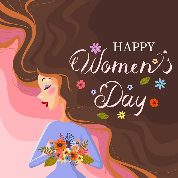 Vector Illustration International Women Day Girl Holding Flowers — Stockvektor