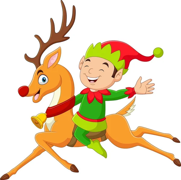 Vector Illustration Cute Elf Cartoon Riding Reindeer — Stock Vector