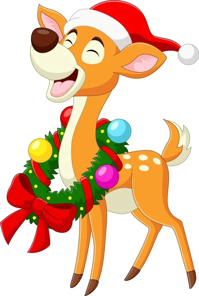 Vector Illustration Cute Smiling Deer Cartoon Christmas Wreath — Stock Vector