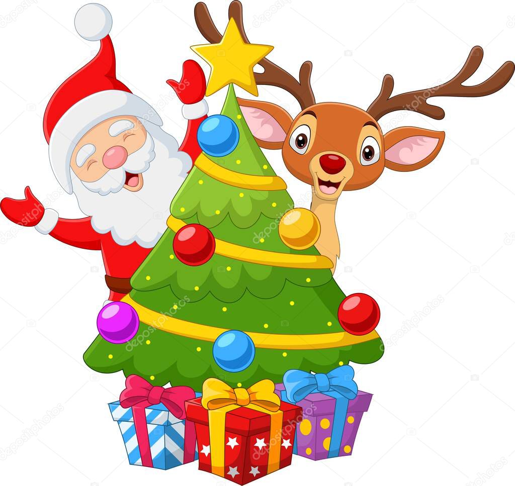 Vector illustration of Happy santa claus with reindeer in a christmas tree and presents