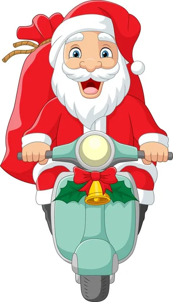 Wektor Ilustracja Cartoon Santa Claus Jazdy Skuter Silnika Czerwonym Workiem — Wektor stockowy