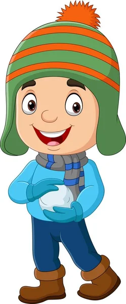 Vector illustration of Cartoon little boy in winter clothes holding snowballs — Stock Illustration Vector Illustration Cartoon Little Boy Winter Clothes Holding Snowballs Stock Illustration