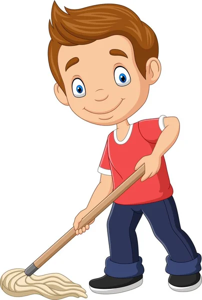 Vector Illustration Cartoon Little Boy Mopping Floor — Stock Vector