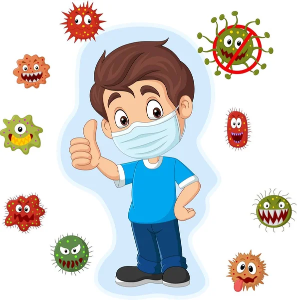 携带病毒和细菌的卡通小男孩伸出大拇指的病媒图解 — 图库矢量图片