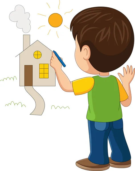 漫画のベクトルイラスト小さな男の子が壁に家を描く — ストックベクタ