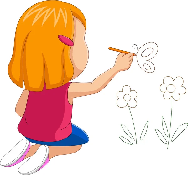 Vektor Illustration Tecknad Liten Flicka Teckning Fjäril Och Blommor Väggen — Stock vektor