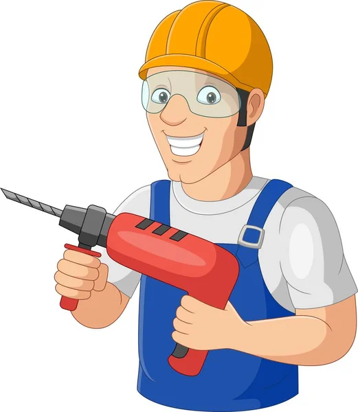 Vector Illustration Cartoon Mechanic Holding Drill Tool — Stock Vector