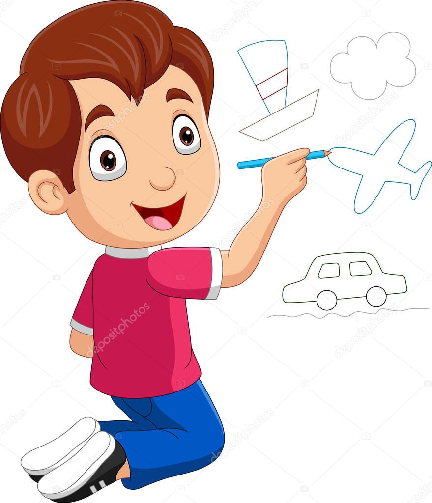 Vector illustration of Cartoon little boy drawing transportations on the wall