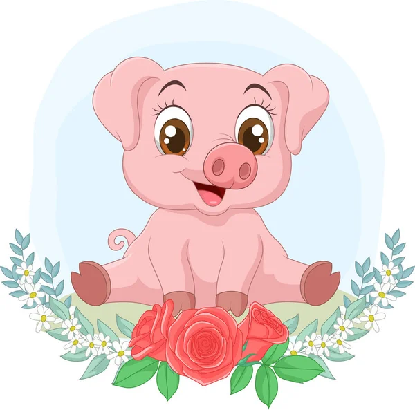 Karikatür Bebek Domuzunun Çiçeklerle Çimenlerde Oturuşunun Vektör Çizimi — Stok Vektör