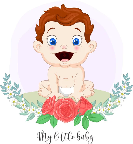 Ilustración Vectorial Dibujos Animados Lindo Bebé Con Fondo Flor — Vector de stock
