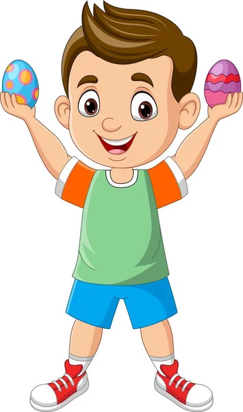 Εικονογράφηση Διάνυσμα Του Cartoon Μικρό Αγόρι Κρατώντας Δύο Αυγά Πάσχα — Διανυσματικό Αρχείο