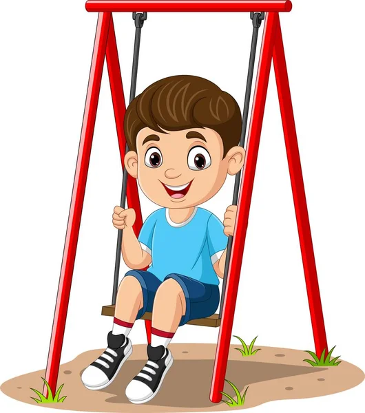 Vector Illustration Cartoon Little Boy Playing Swing Park — Stock Vector