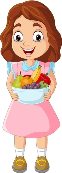 Vector Illustratie Van Cartoon Kleine Meisje Met Een Fruitmand — Stockvector