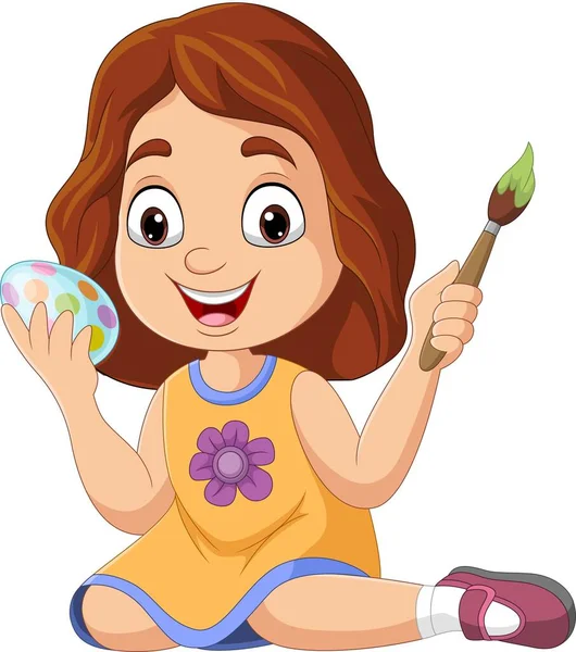 Vector Illustration Cartoon Little Girl Painting Easter Egg — Stock Vector