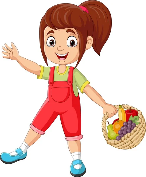 Illustrazione Vettoriale Della Bambina Dei Cartoni Animati Con Cesto Frutta — Vettoriale Stock
