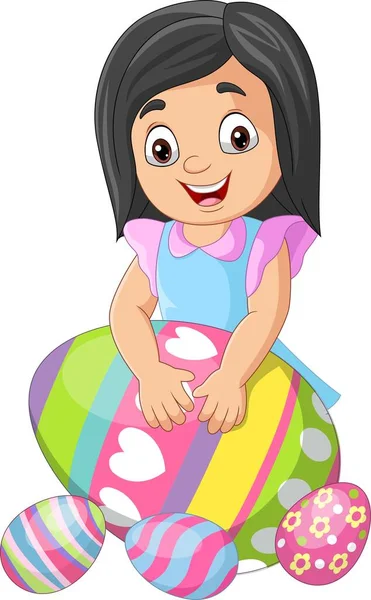 Vector Illustration Cartoon Little Girl Decorated Easter Egg — Stockový vektor