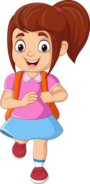 Cartoon School Girl Backpack Running — Stock Vector