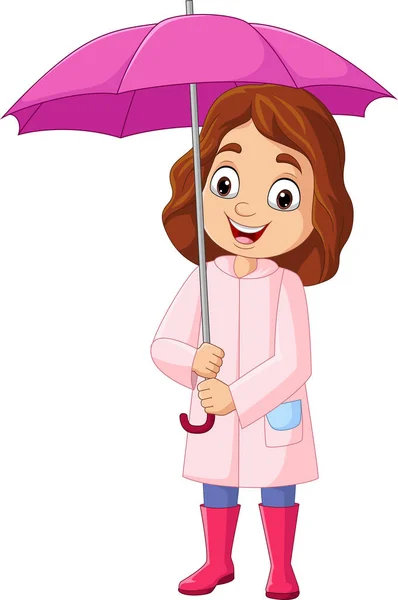 Cartoon Little Girl Holding Umbrella — Stock Vector