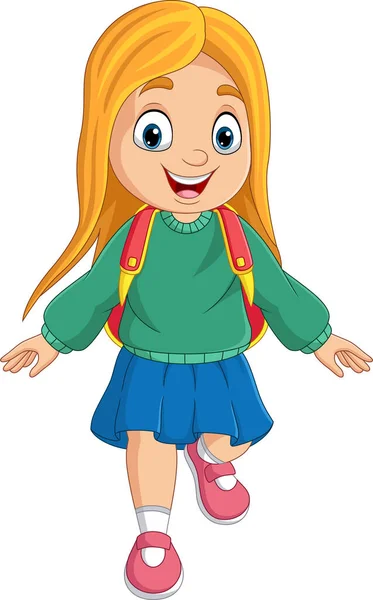 Cartoon School Girl Backpack Walking — Stock Vector