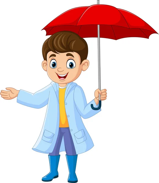 Cartoon Happy Little Boy Holding Umbrella — Stock Vector