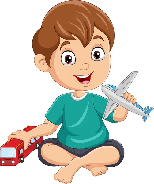 Cartoon Kleine Jongen Spelen Bus Vliegtuig Speelgoed — Stockvector