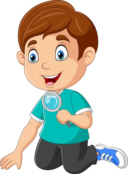 Cartoon Little Boy Using Magnifying Glass — Stock Vector