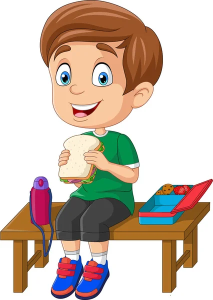 Мультфильм Маленький Школьник Ест Хлеб — стоковый вектор