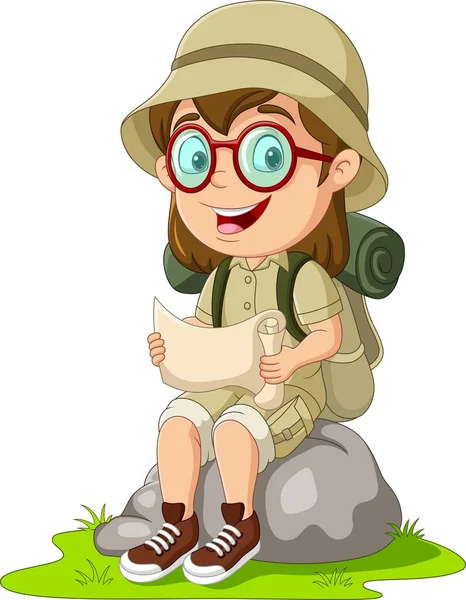 Cartoon Girl Scout Skale Czyta Mapę — Wektor stockowy