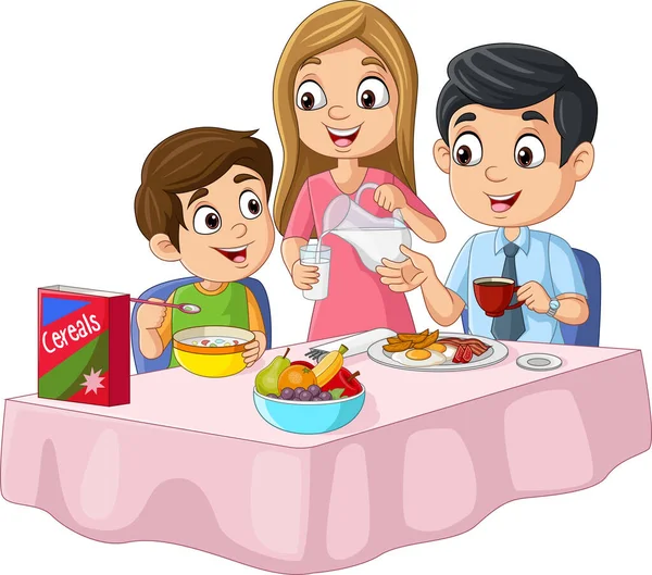 Kreslený Šťastný Rodina Snídaní Stole — Stockový vektor