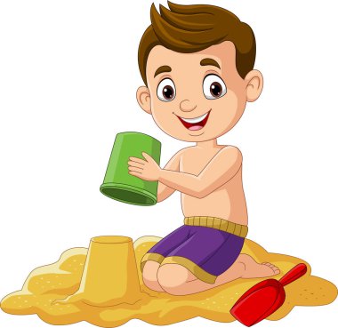 Vector illustration of Cartoon little boy playing sand castle