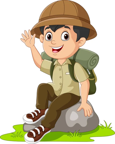 Cartoon Boy Scout Siedzieć Skale Machając Ręką — Wektor stockowy