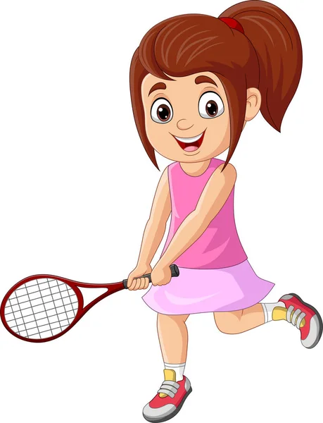 Vektor Illustration Tecknad Liten Flicka Spelar Tennis — Stock vektor